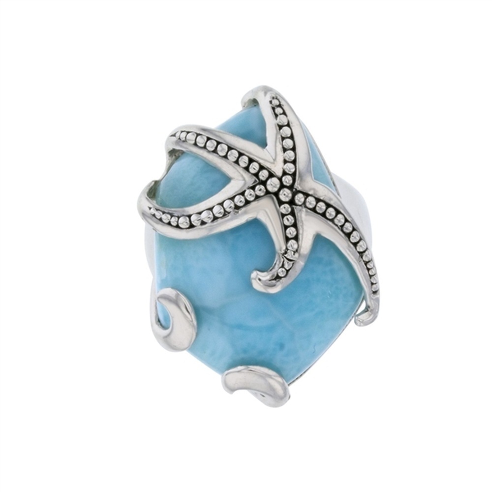 925 Sterling Silver Larimar Pentagon Shape w Dotted Starfish Overlay Ring
